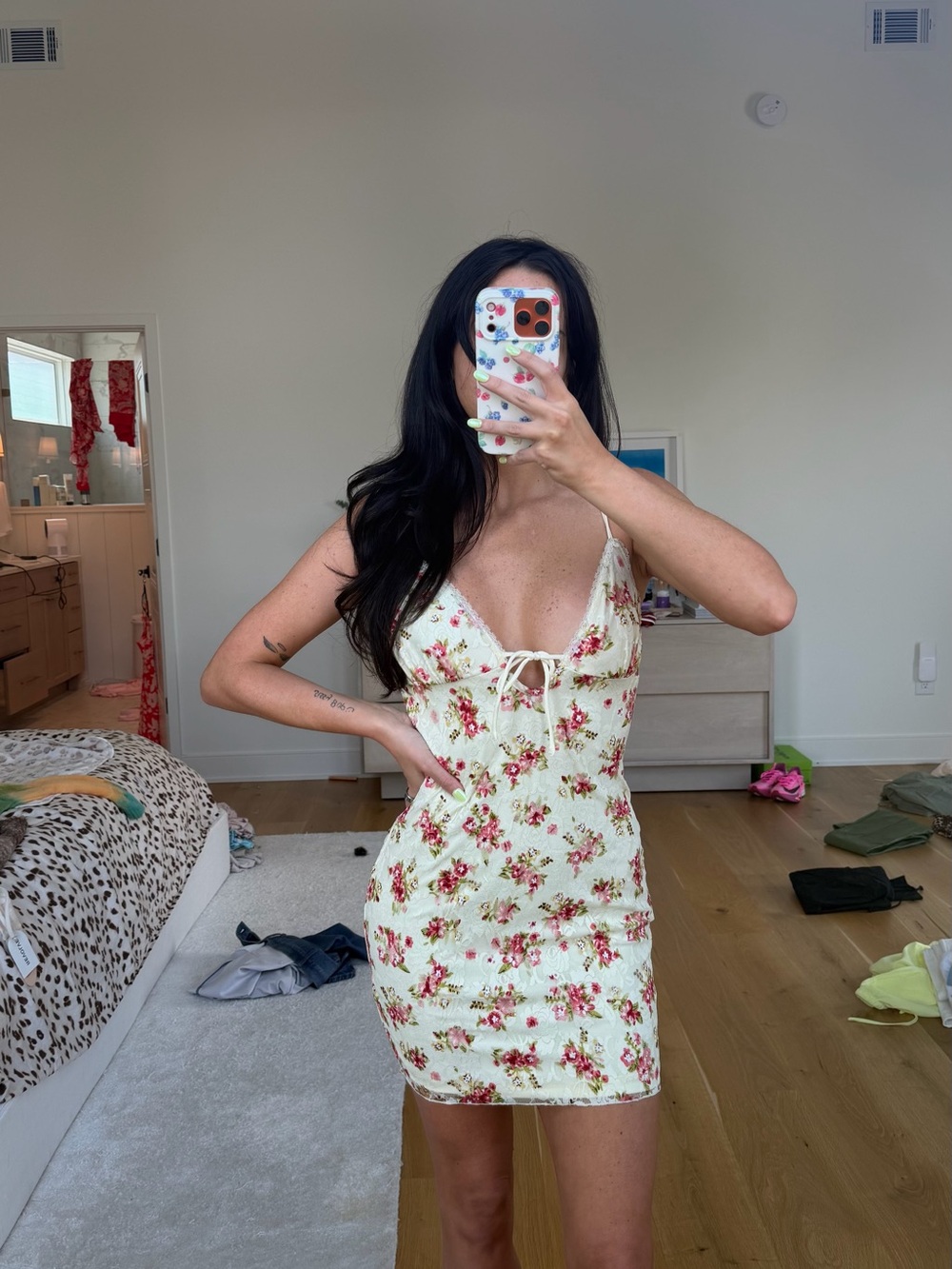 Floral Tie-Front Mini Dress in Cream with Pink Rose Print